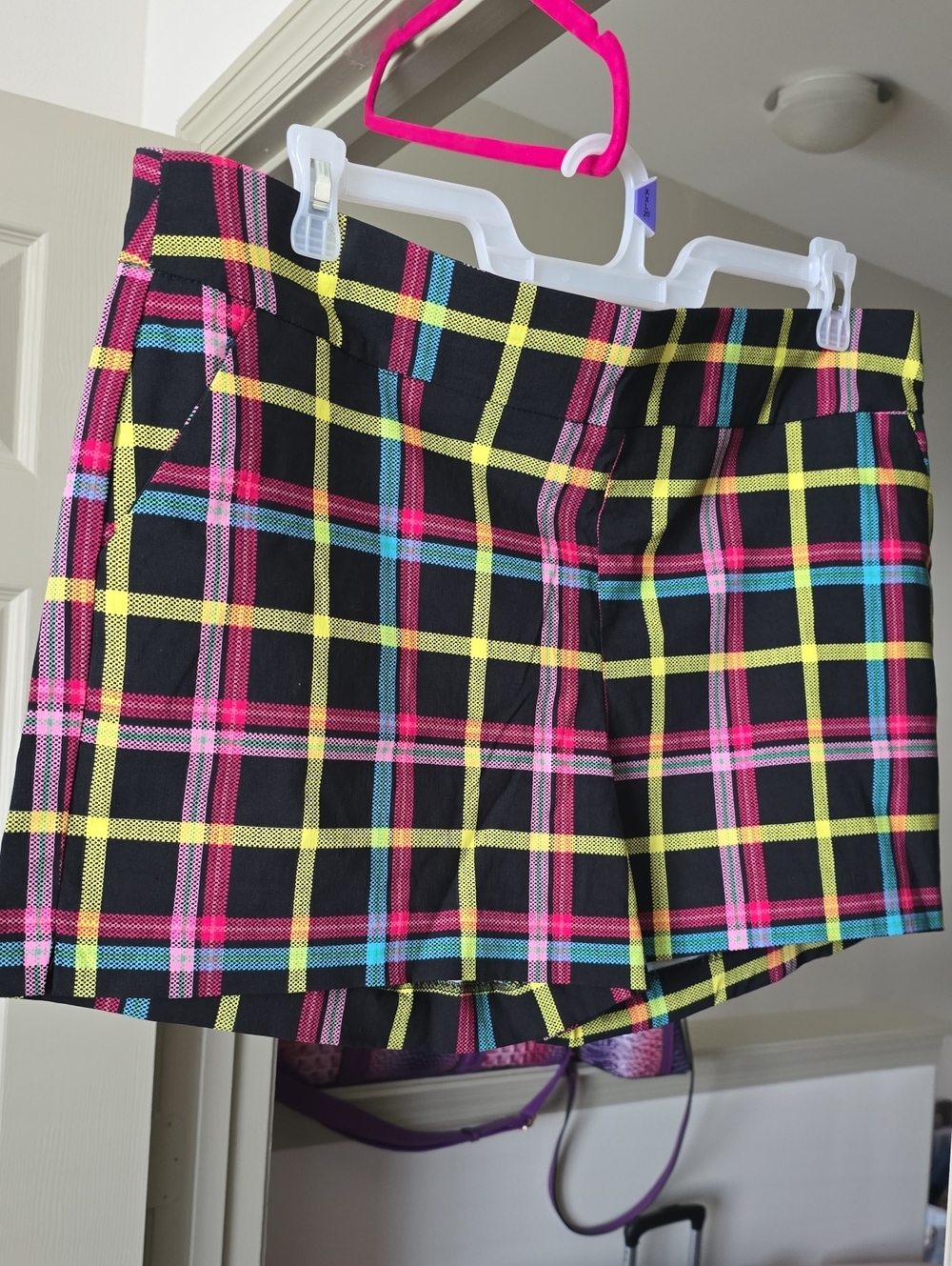 New York & Company Black Plaid Shorts with Neon Pink, Yellow & Teal Stripes